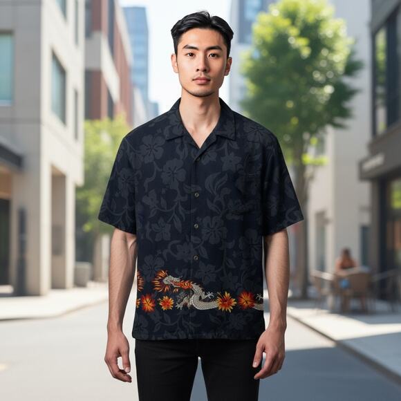Hilo Hattie Black Floral Dragon Button Down Shirt Hawaiian Cotton Mens Size L - Picture 10 of 10